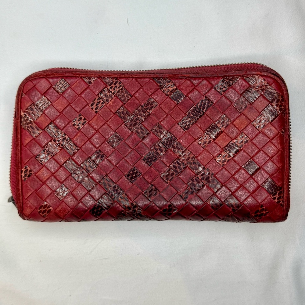 Bottega Veneta Red Leather/Python Woven Long Zippy Wallet